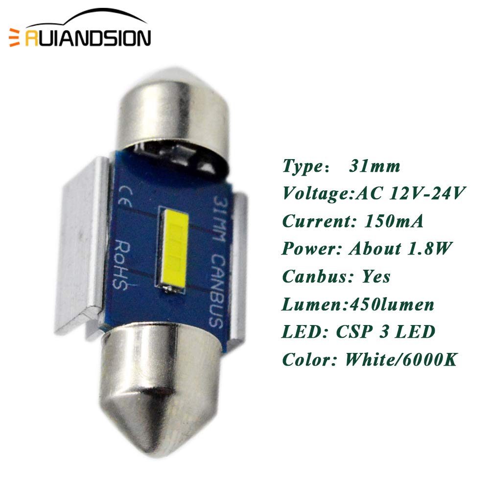 Ruiandsion 2 szt. 31 mm Festoon żarówki LED bez błędów Canbus super jasne białe chipsety 3-SMD CSP żarówka LED do wnętrza samochodu lampa mapy kopuły