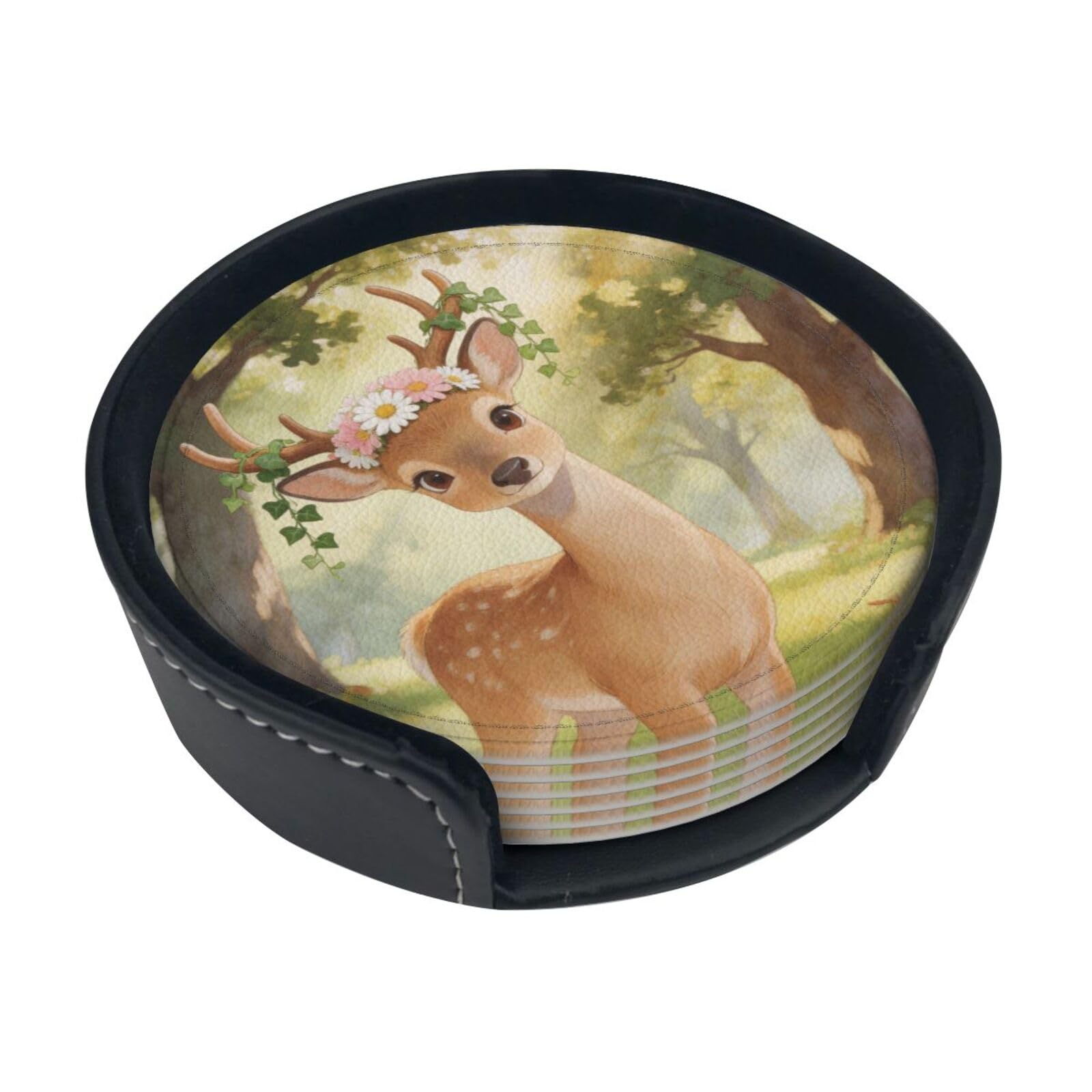 Flower garland deer Leather Coasters-Set of 6 with Storage Holder