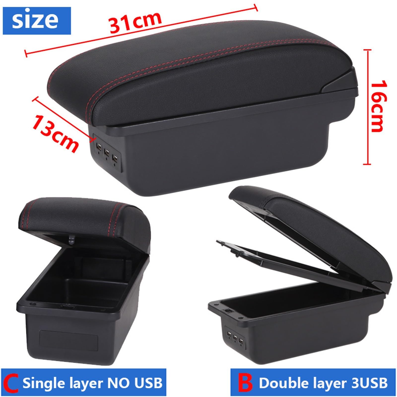 Bandeja de Silicona para Consola Reposabrazos compatible con Volkswagen Polo 9N3, caja de almacenamiento para reposabrazos de coche (2002-2009), accesorios interiores USB.(B1 Black red 3USB)