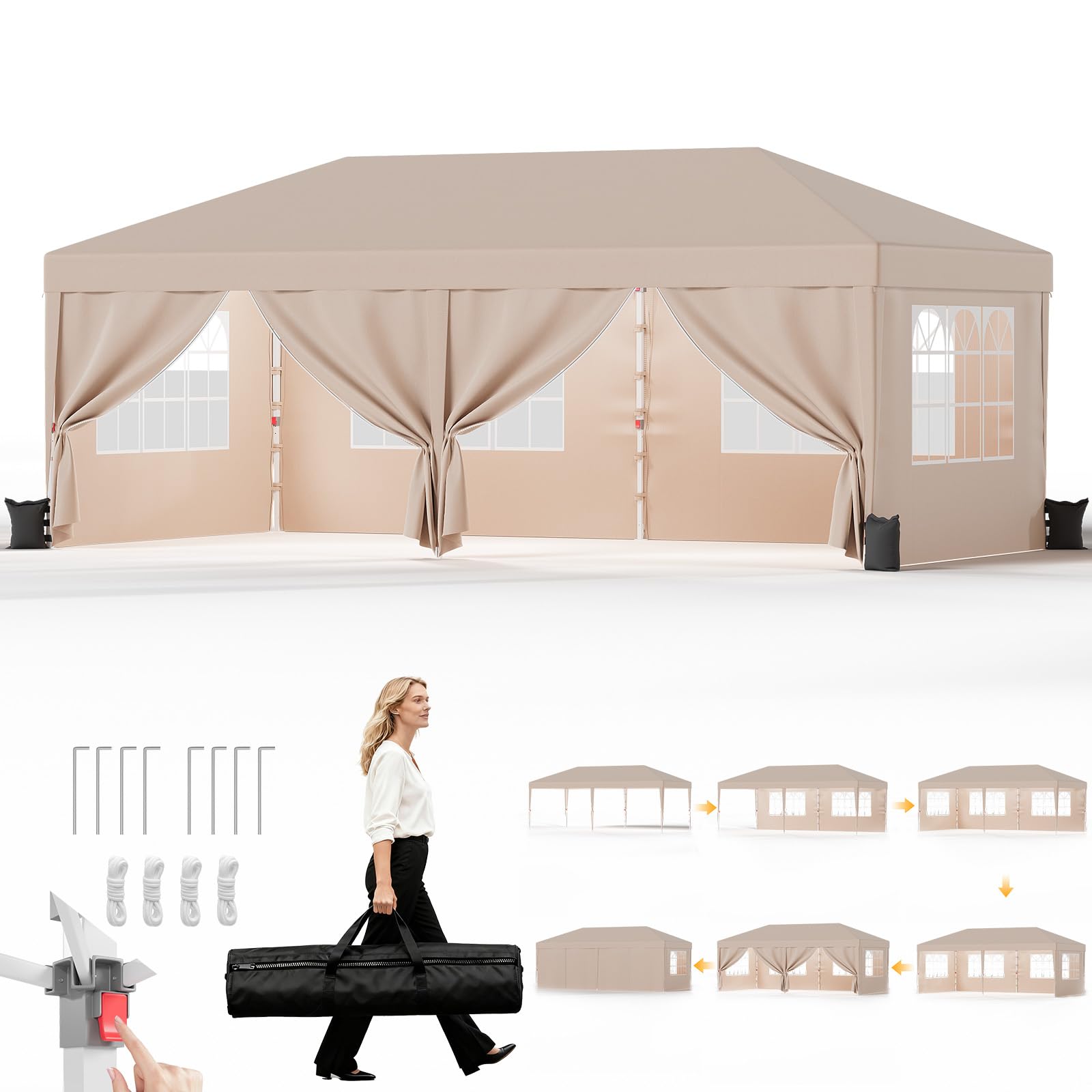 JUMMICO Gazebo 3x6m Pieghevole, Altezza Regolabile, Struttura Stabile, Copertura Esterna Resistente e Impermeabile, con Pareti Laterali, con 4 Sacchi di Sabbia di Peso e Sacca da Trasporto, Beige