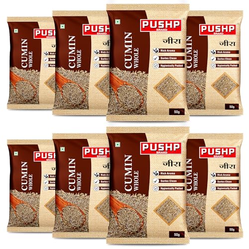 Image of Pushp Whole Jeera | 50g Pouch | Premium Cumin Seeds | Aromatic & Flavorful | Ideal for Cooking, Tadka, Seasoning (Pack of 8)