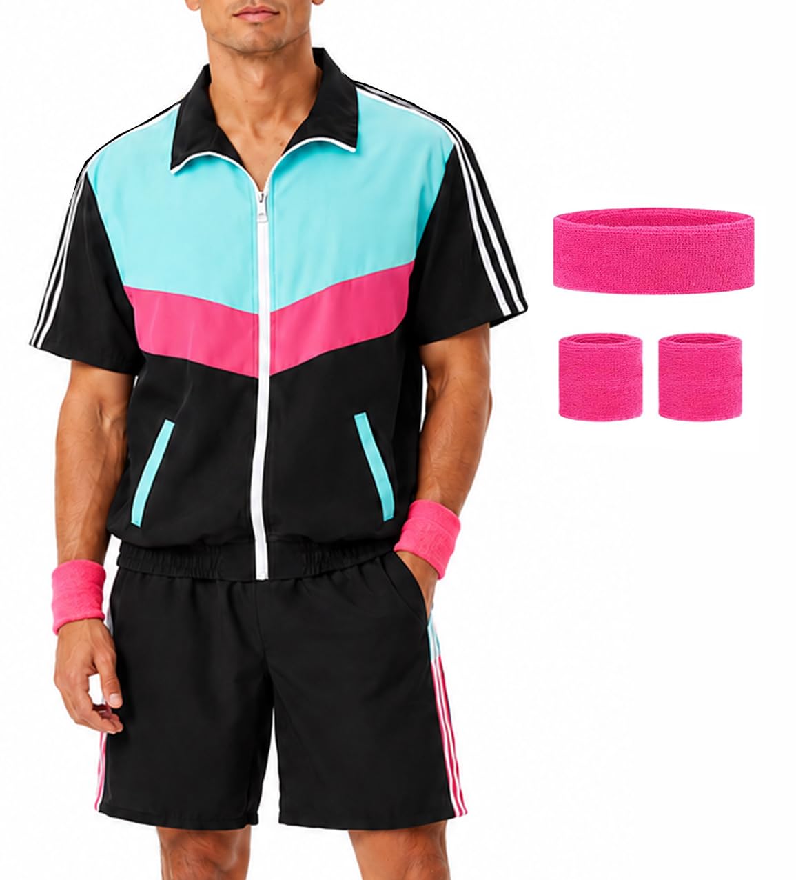 Coseaon Men's 80s Outfit Short Sleeve 90s Retro Track Suit for Men Color Block Jacket Shorts Set Outfits Costumes for Party