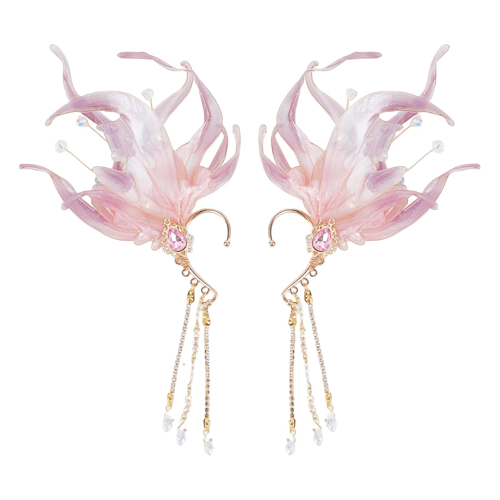 NICENEEDED 2 PCS Butterfly Elf Ear Cuffs, Fairy Ear Cuffs with Tassel Non Pierced Mermaid Ears, Renaissance Accessories for Cosplay Fantasy Costume