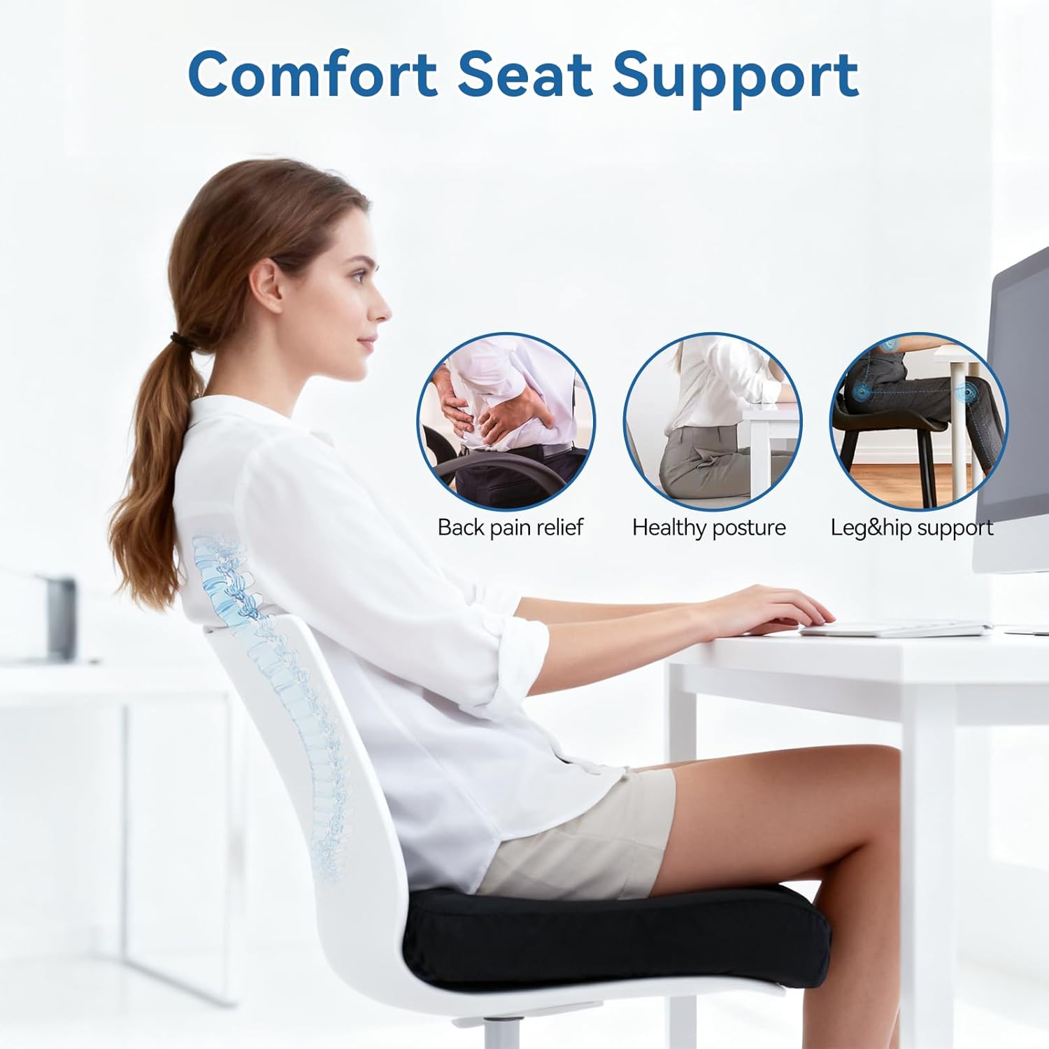 Adjustable Seat Cushion, Memory Foam Office Chair Cushion, Car Seat Cushion, Foldable Travel Cushion for Tailbone Pain, Sciatica Pain Relief, Lifting Cushion for Sitting, Driving, Traveling(Large)