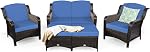 DORTALA 5 Piece Rattan Patio Conversation Set, PE Wicker Sectional Sofas and Ottoman Set with Cushions & Back Pillows, Outdoor Furniture Set for Garden, Backyard, Poolside, Lawn, Navy