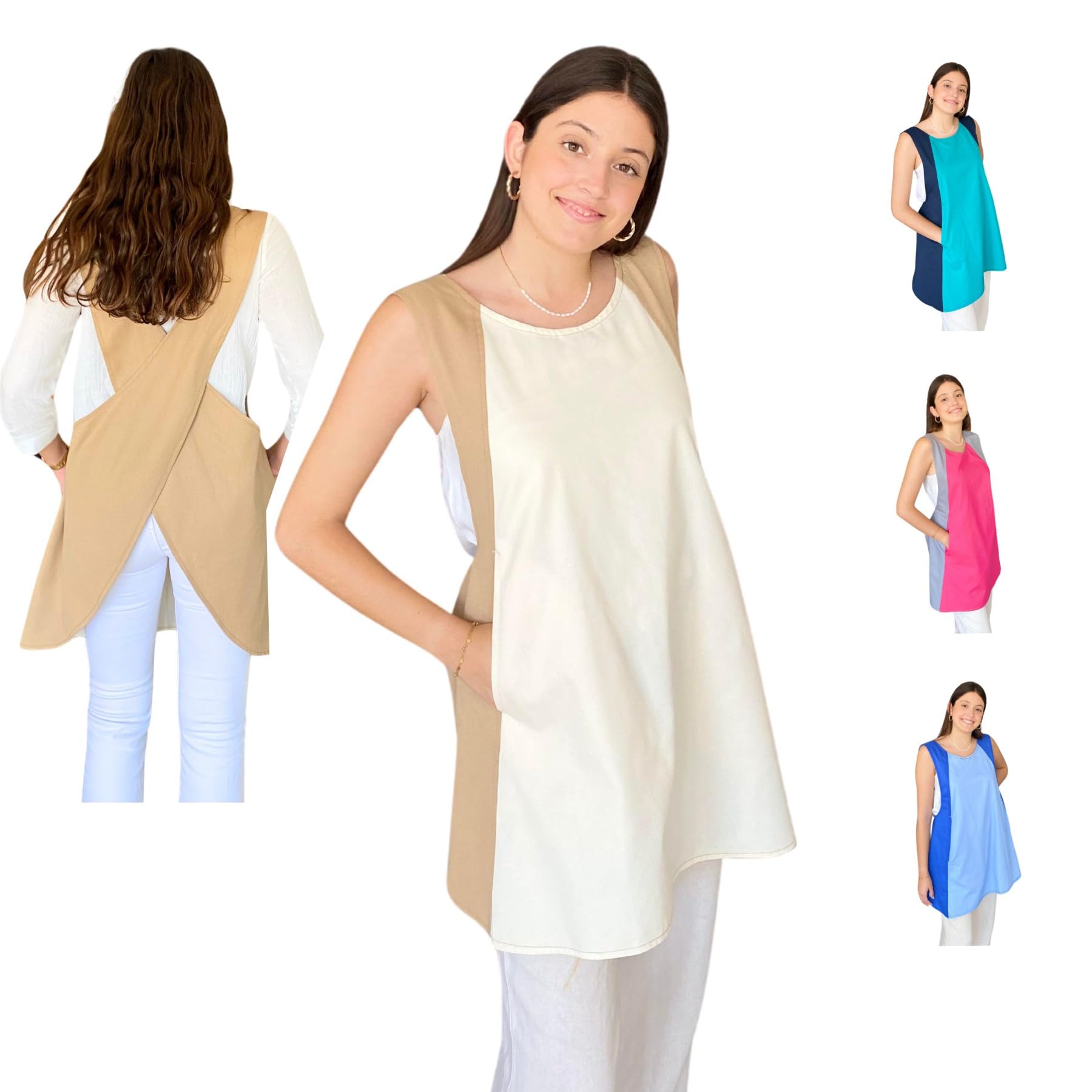 Didart Handmade Delantal Cocina Mujer, Bata Trabajo Mujer, Babi Escolar Infantil, Resistente al agua y manchas.Cruzado, Delantales Originales con 2 Bolsillos, Bata Maestra, Babis Maestra, Bicolor.