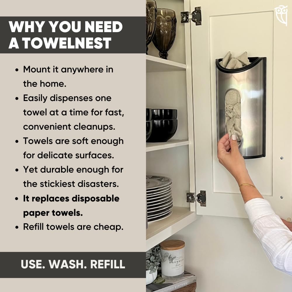 TowelNest Microfiber Cloth Dispenser | 15 Reusable Cloths (Black) | Eco-Friendly Paper Towel Alternative | Absorbent & Washable | Wall/Cabinet Mount (3M Adhesive & Screws Included) image 4