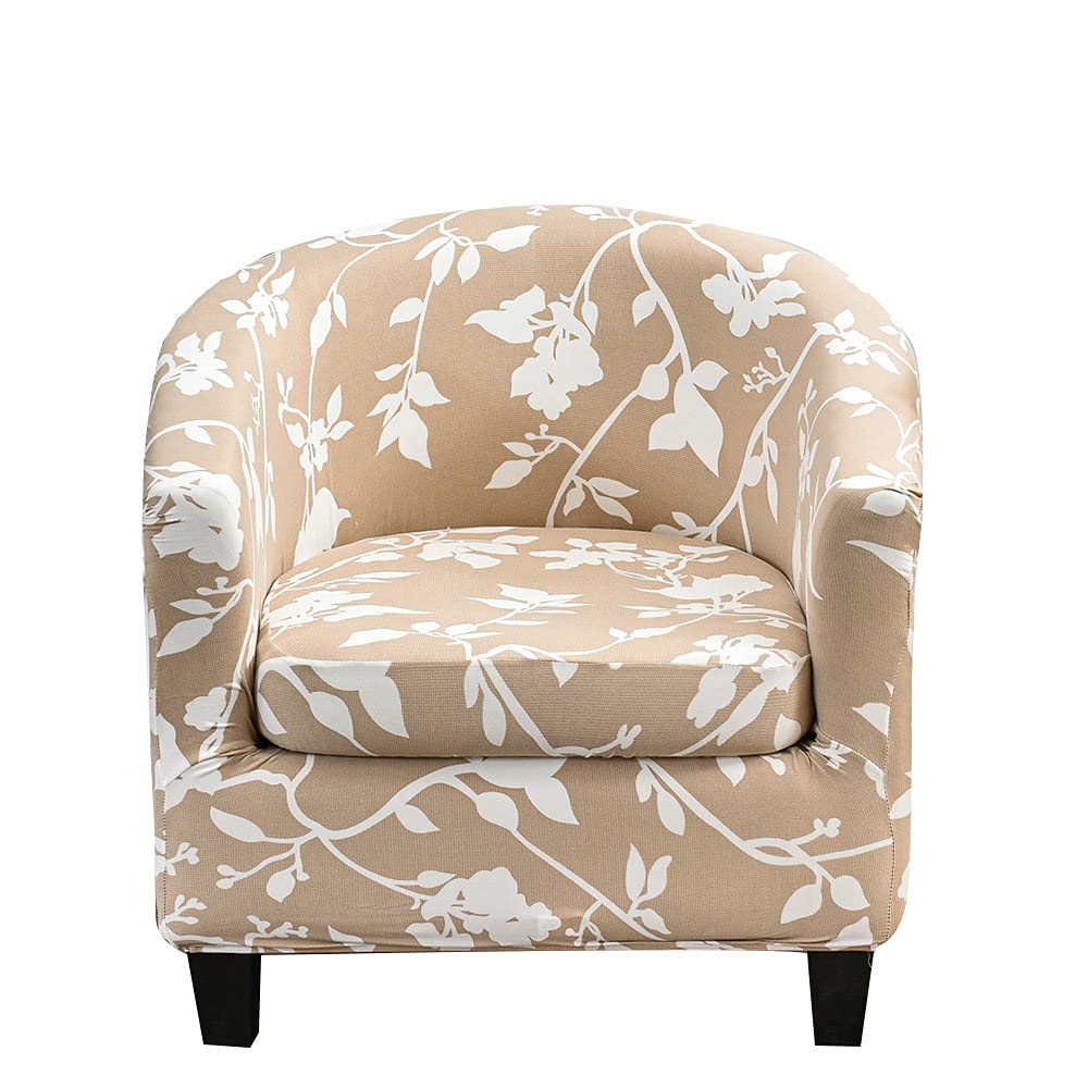 Highdi Beige 2 Piece Tub Chair Cover For Armchair, Elegant Leaves Print Slipcovers Cushion Cover Stretch Dust Proof Removable Washable Furniture Protector Covers For Club Tub Chair (Beige)