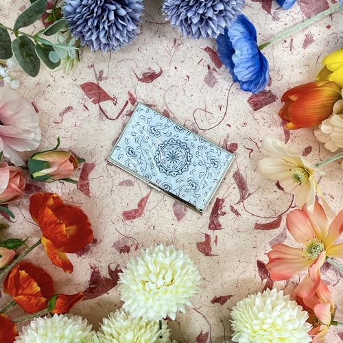 Image of Mother of Pearl Business Card Case Credit Id Name Holder Travel Wallet Art Painting Design Metal Stainless Steel Engraved Slim Purse Pocket Cash Money Wallet (Blue Arabesque)