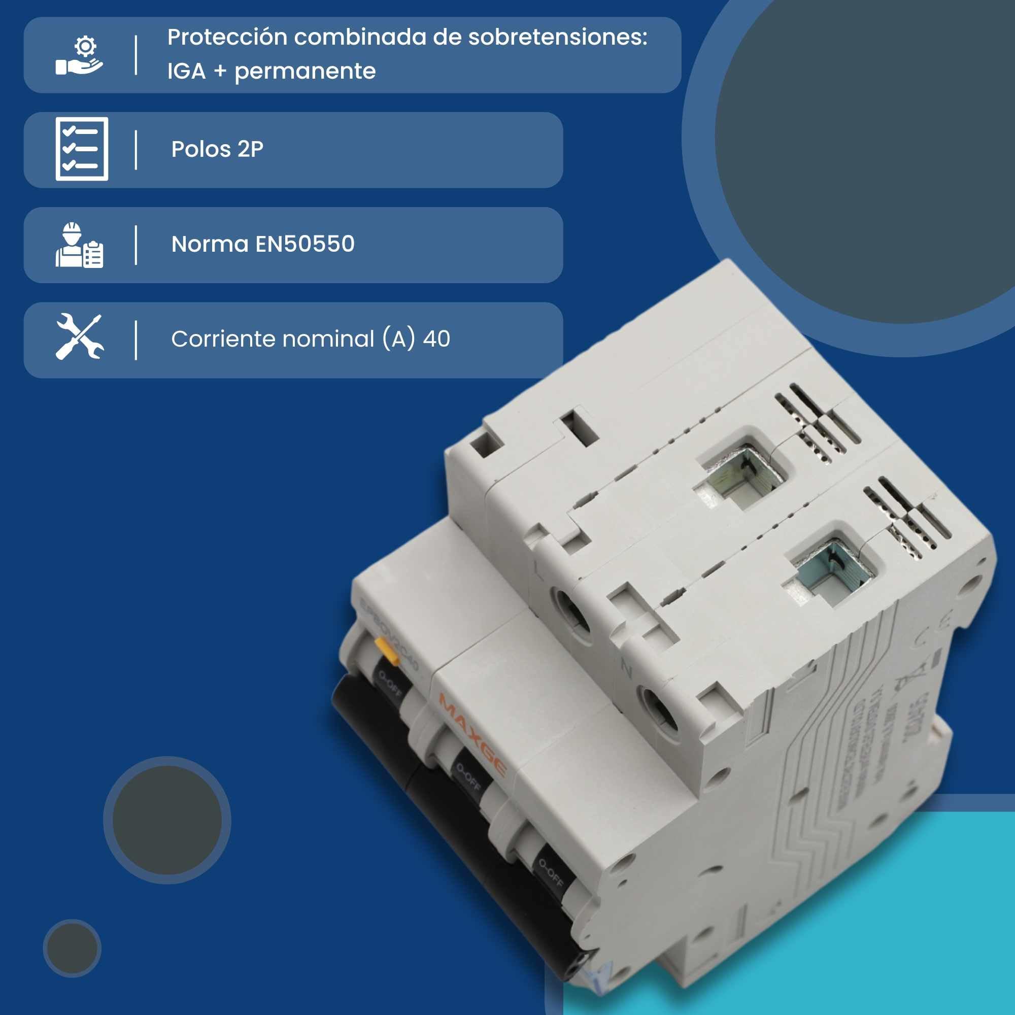 TECHZOCO Protección combinada IGA + sobretensión permanente, Protector monofásico, Protección contra sobretensiones, Norma EN50550, Curva C, Rango de actuación 170V a 280V, 6kA, 2 Polos. 40A