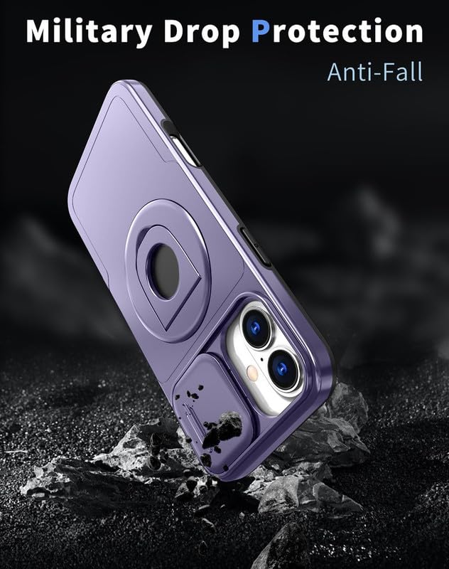 Image of LuxuryKase MagSafe Shockproof Rugged Back Case for iPhone 17 | Finger Ring Kickstand & Sliding Camera Cover | Military Drop Protection | Wireless Charging Support - Purple