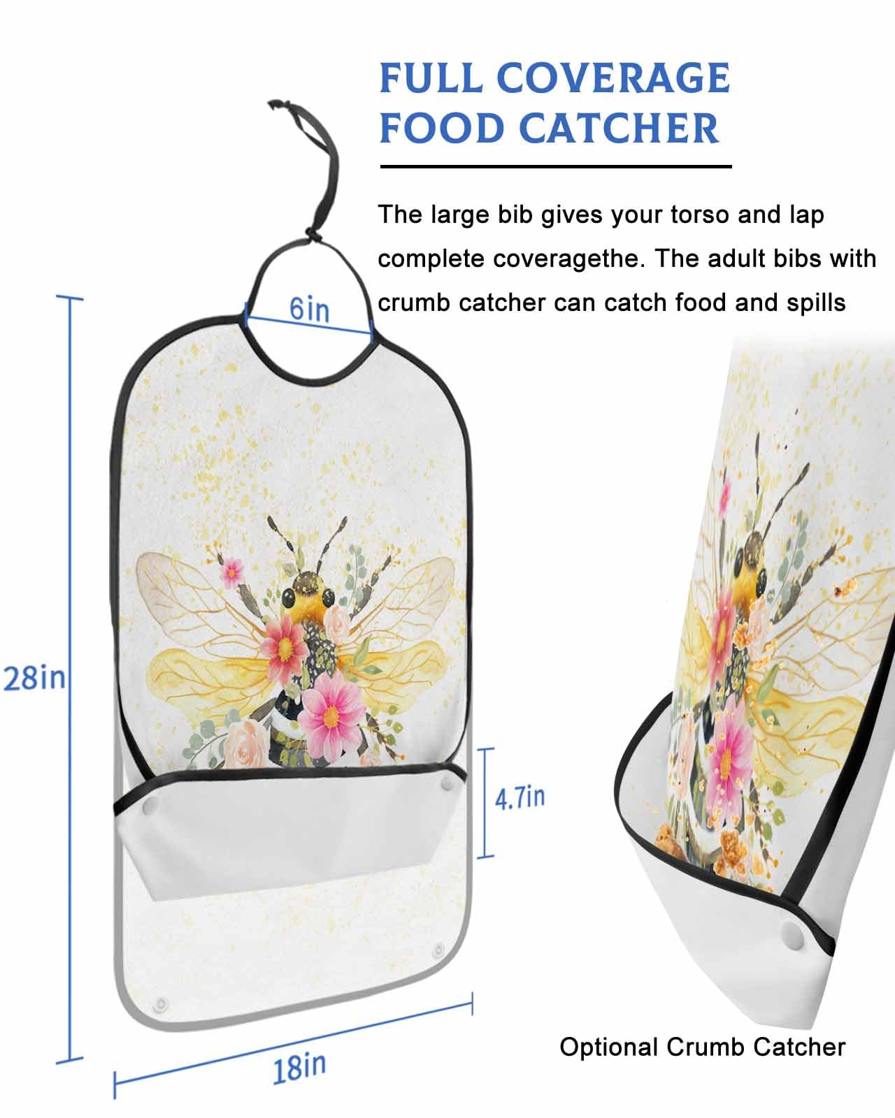 LEOKOTI Summer Bee Adult Bibs for Eating, Waterproof Bibs with Food Catcher & Adjustable Snap Closure, Spring Floral Botanical Watercolor Washable Clothing Protectors Adult Bibs for Elderly Women/Men