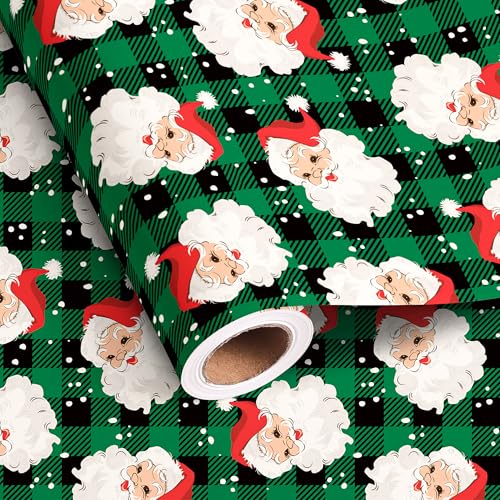 Dtiafu Christmas Wrapping Paper Roll Vintage Santa Claus Buffalo Plaid Design Xmas Gift Wrap for Holiday Winter Party Celebration - Total 28.5sq.ft
