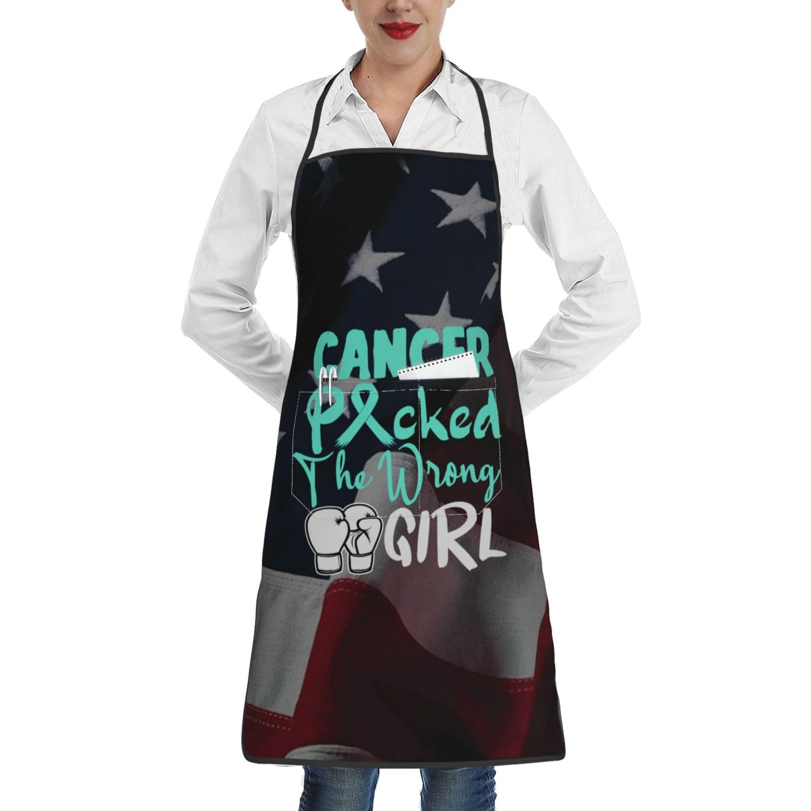 nopicsn Cancer Picked The Wrong Girl Cervical Cancer Apron for cooking with Pockets Women Men Kitchen Chef Funny Aprons