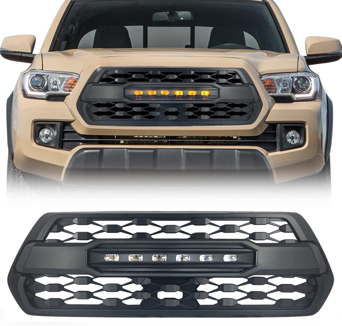 MEGAIE TRD Pro Style Grille Compatible with Tacoma 2016 2017 2018 2019 2020 2021, Matte Black Front Grill with LED Off-Road Lights, Not for Trucks w/Radar Behind Emblem