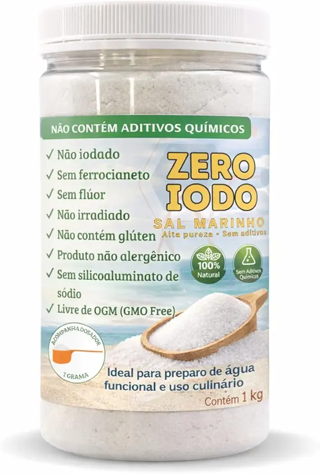 Sal Marinho Integral Moído Sem Iodo 1Kg 100% Natural Cloreto de Sódio, Pote Sal Culinário