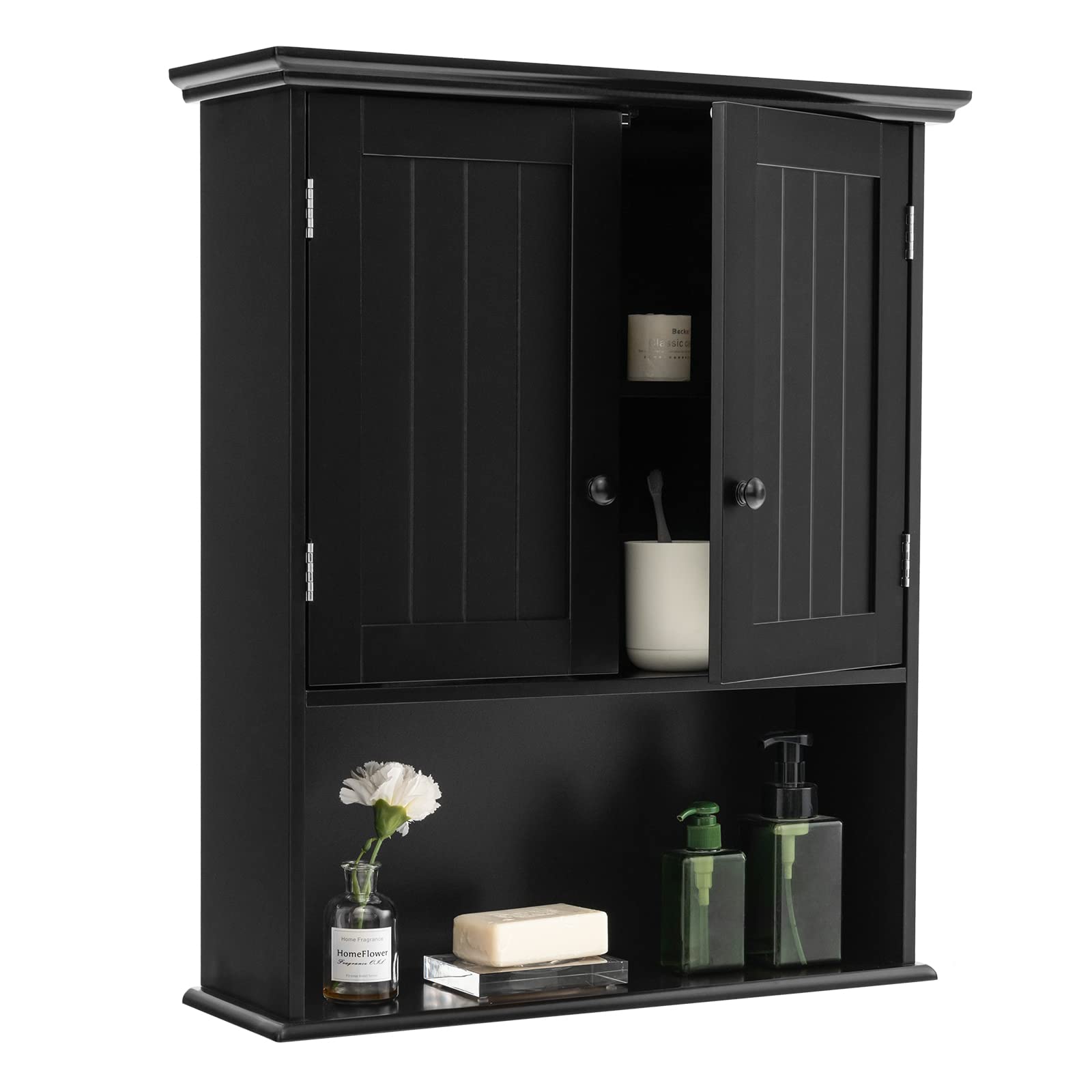 LOKO Bathroom Wall Cabinet, Double Door Medicine Cabinet with Open Compartment & Adjustable Shelf, Wall Mounted Storage Cabinet for Bathroom, Living
