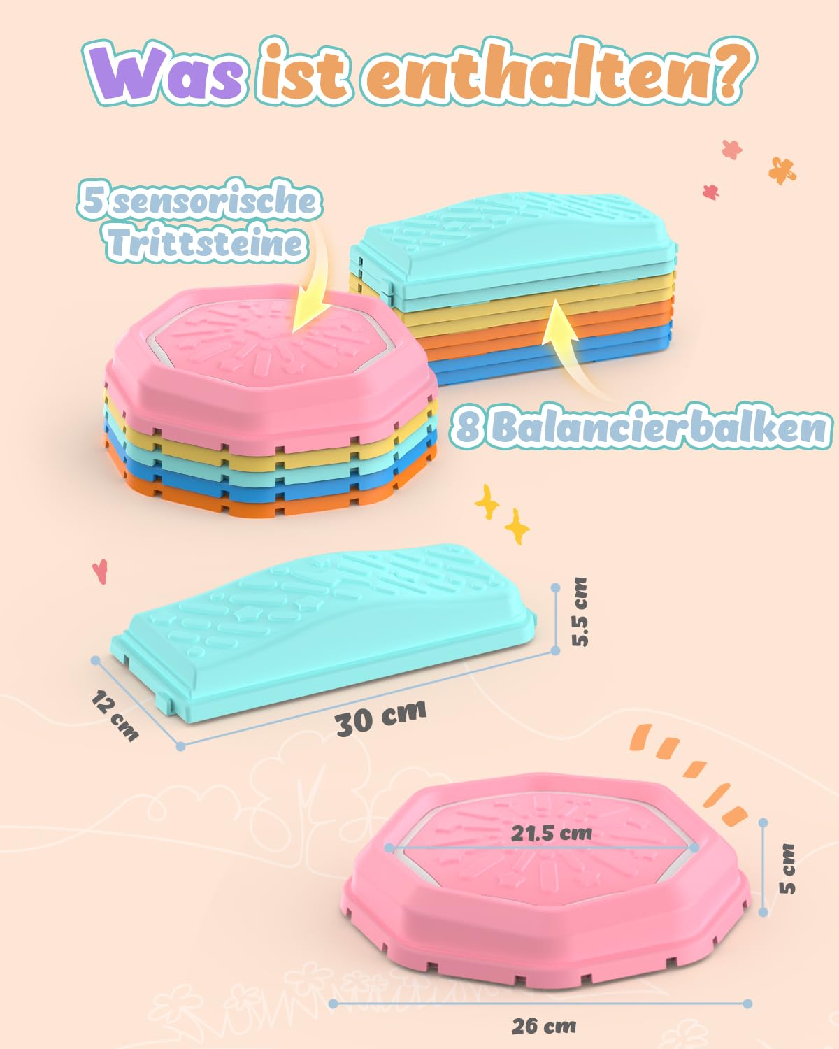 Holyton Balanciersteine für Kinder, LED Sprungsteine mit Musik & Licht, Reaktionsspiel mit 7 Tönen, Motorik & Koordination Training, Indoor Spielzeug mit 13 Teilen