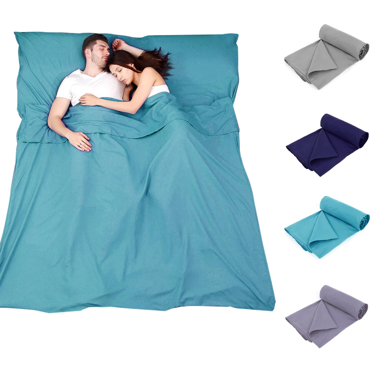 Plliocse Sleeping Bag Liner, Portable Travel Camping Sheet, 180 x 210 cm Double Size Sleeping Bag Liner with Pillow Pockets for Adults Hotels Business Trip Camping (Blue, 180cm x 210 cm)