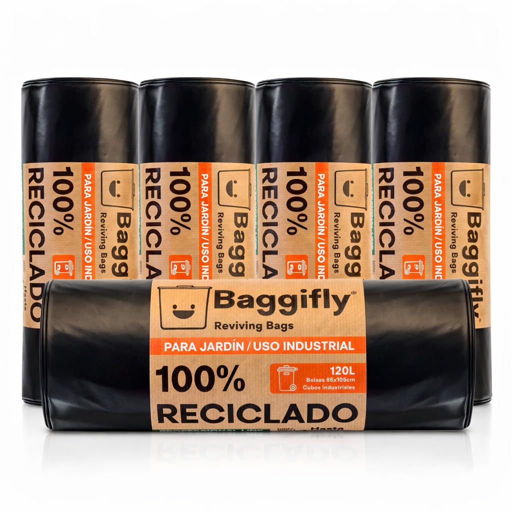 Baggifly, Bolsas de Basura 120L, 50 Bolsas Extra Resistentes, Más de 110kg, 100% reciclades, ECO Friendly, Uso Industrial, Jardín, Obra y Hostelería, Pack 5 x 10, Fabricado en España