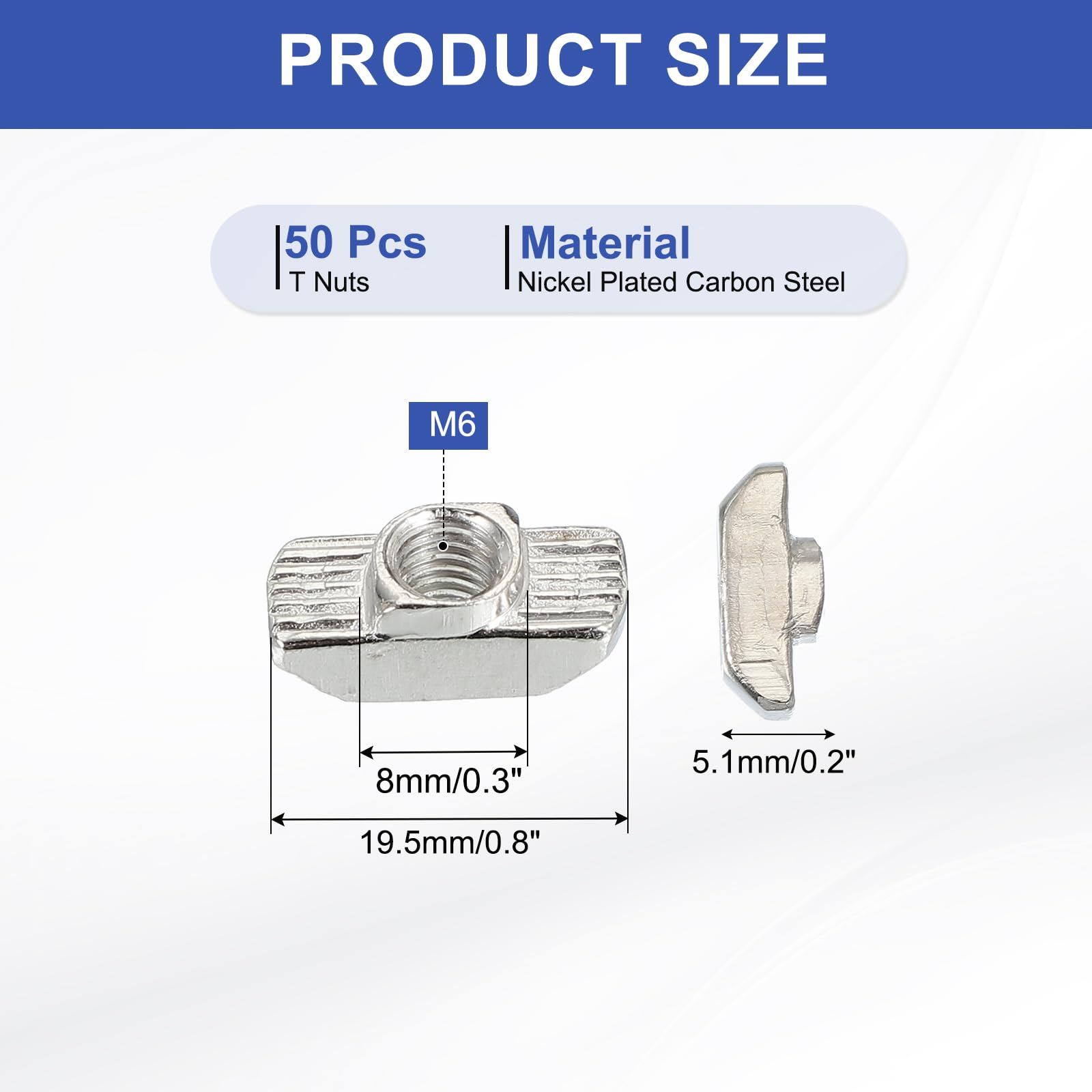 PATIKIL 4040 Series M6 t Nuts, 50pcs t Slot Nut Hammer Head Fastener Nut, Nickel Plated Carbon Steel Nut for Aluminum Profile l Silver - Image 2