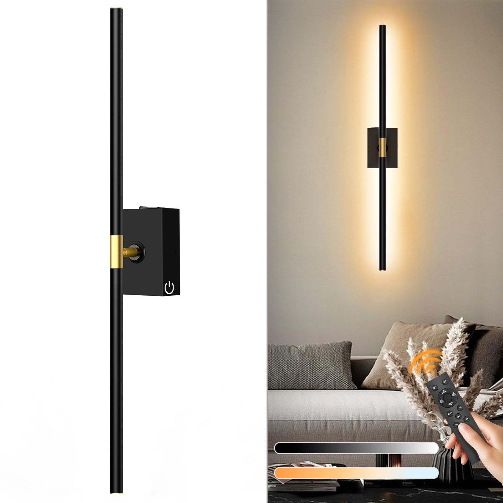 Photo 1 of 1 Pack Battery Operated Wall Sconce - 10000mAh Wireless Sconce Rechargeable Wall Light with Remote and Touch, 360° Rotate 4CCT Cordless Wall Lamp for Bedroom Living Room Hallway, 31.5 Inch, Black