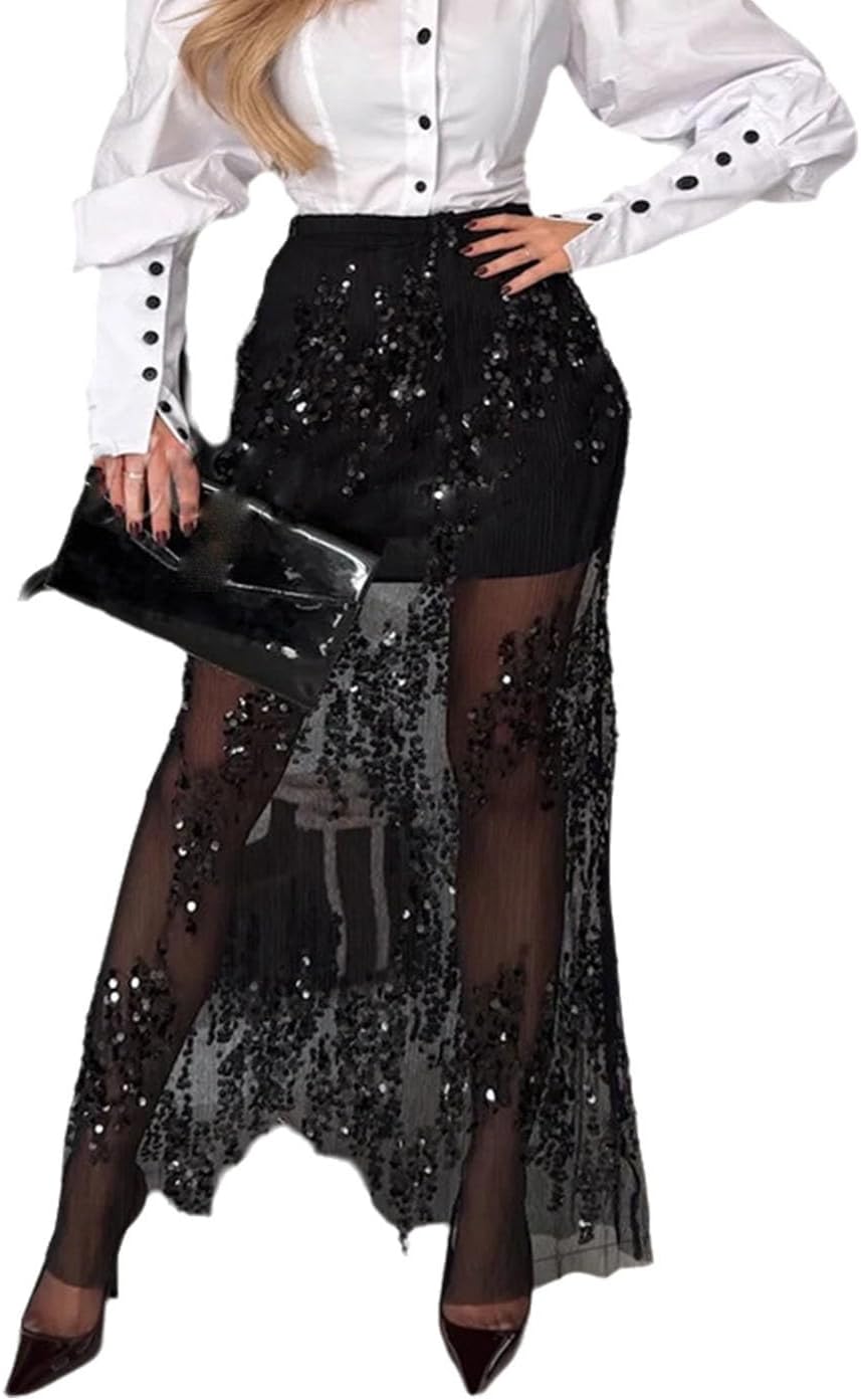 Maxi Sequin Skirts for Women Mesh See Through High Waist Sheer Patchwork Night Out Club Long Sparkly Skirt