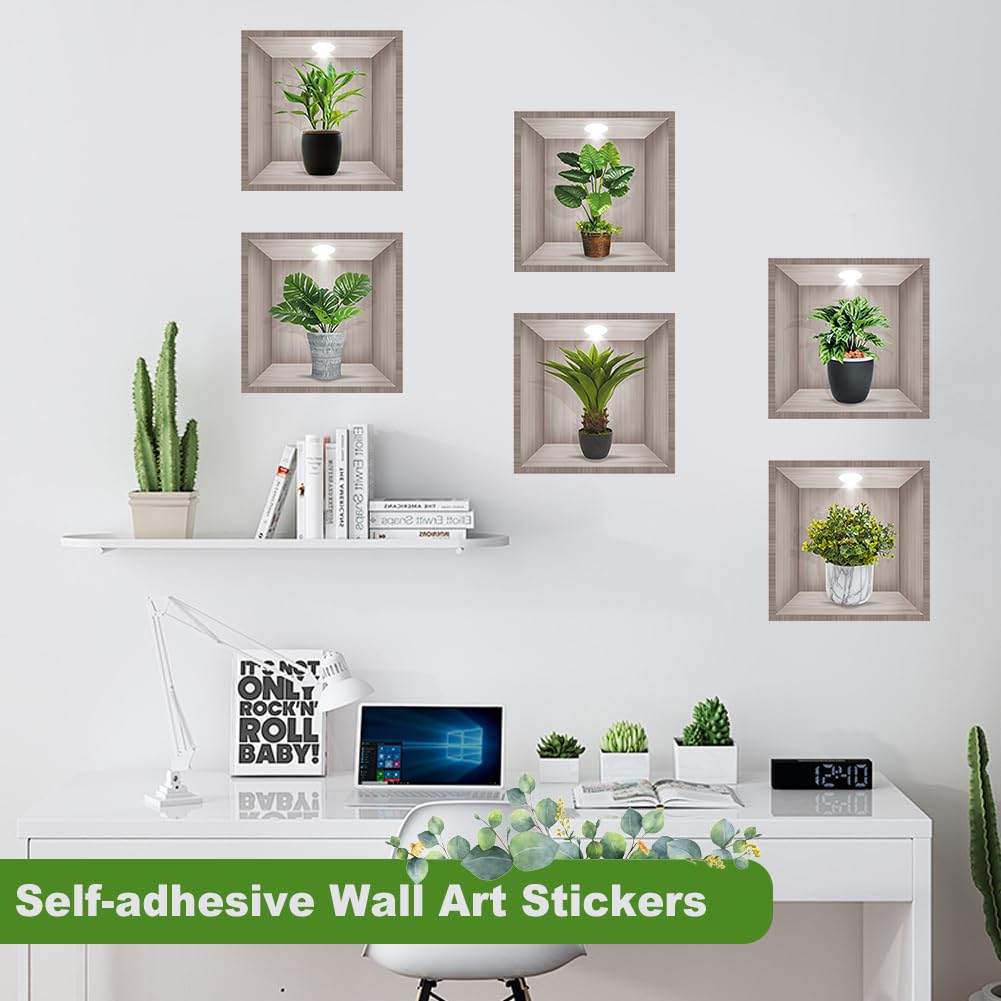 Stickers Muraux Végétaux 3D - Lot De 6 Feuilles (30x90cm), Vinyle Imperméable, Motifs Plantes En Pot Vertes Pour Salon, Chambre, Bureau