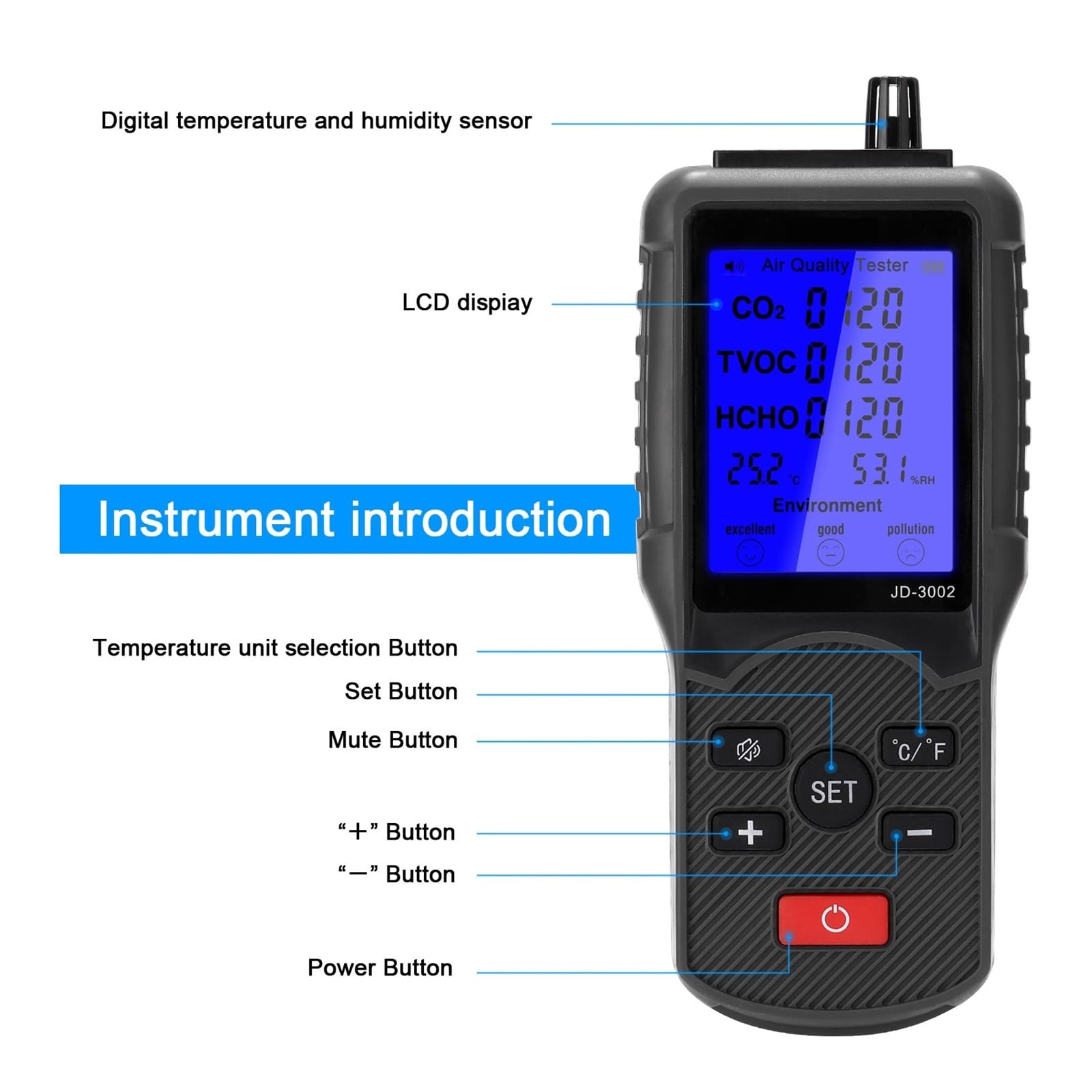 JD-3002 Tester di qualità 'aria Misuratore di CO2 multifunzionale TVOC Dispositivo di misurazione 'umidità della temperatura Rilevatore di CO2(Paper box Type)