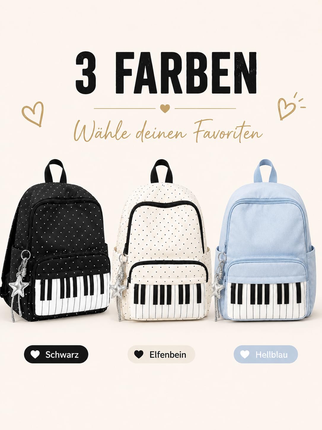 Piano Casual Rucksack, Polka Dot Music Backpack with Star Charm, Large Capacity Laptop School Bookbag for Women Girls College Travel (Schwarz+Weiß)