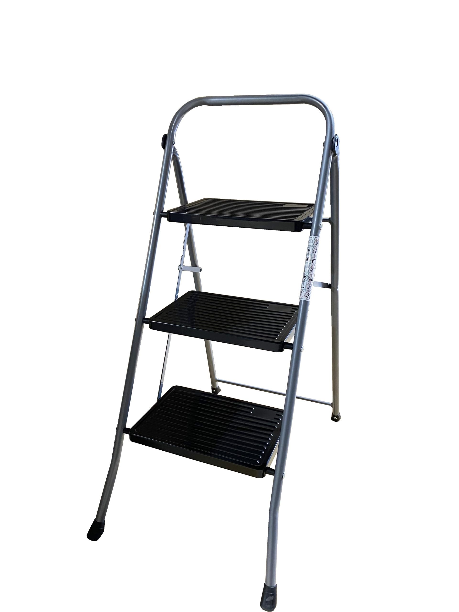 Folding Ladder in Domestic Metal, Dark Grey, Folding Step Stool Extra Wide and with Armrests Load up to 150 kg (3 Steps)