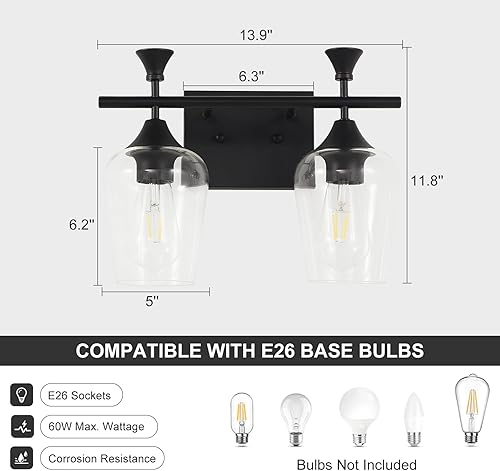 Miniatura 4 de Lámparas de baño (2 luces, 14 pulgadas), luces de tocador negras mate para baño con pantalla de vidrio de vino transparente, modernas luces de pared