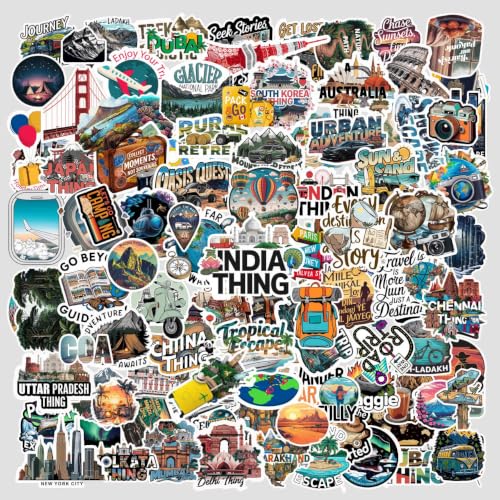 Image of Travel Vinyl Stickers Pack of 100 | Waterproof Self-Adhesive Decals for Laptop, Water Bottle, Suitcase, Phone, Journal, Scrapbook, Helmet, & Bike | Adventure, Nature & Wanderlust Sticker Collection