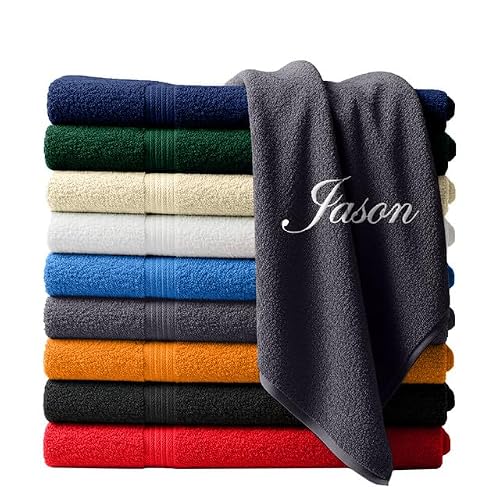 Image of Personalised Name Logo Towel – Custom Embroidered Text Logo Bath Hand Face Towels – Bathroom Gym Salon Spa Hotel (Steel Grey, Face Towel)