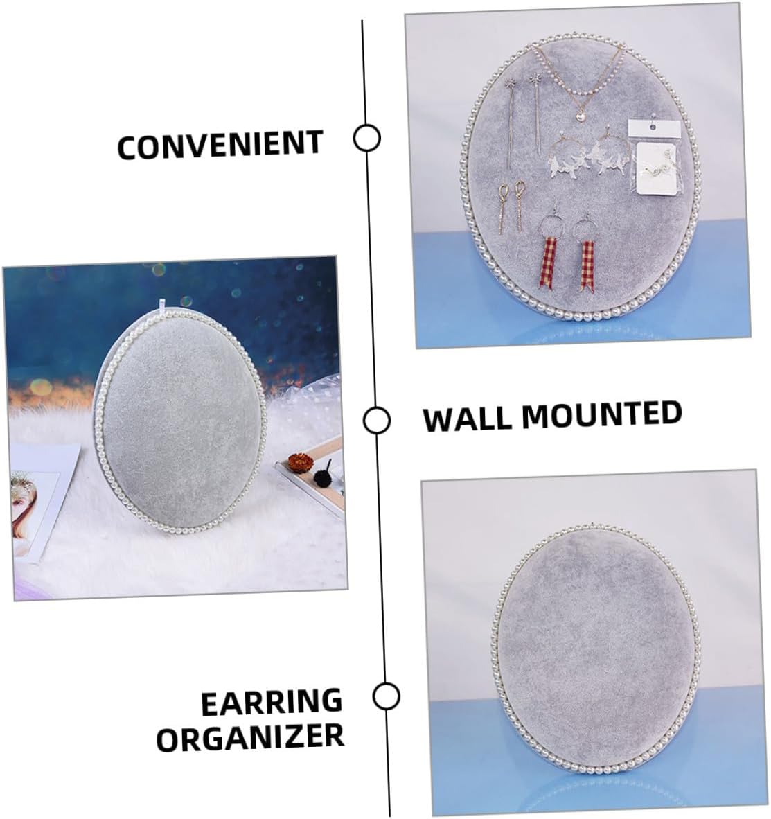 SHINEOFI Earring Stand Jewelry Organizer Wall-mounted Oval Display Rack with Pearl Panel Large Ice Gray Velvet Earring Storage Holder for Home Accessory Organization