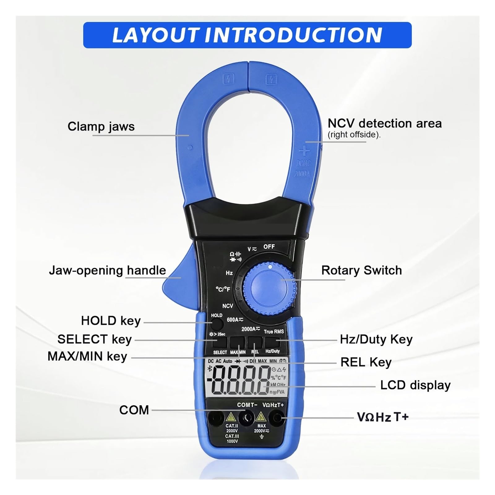 Cęgowy Multimetr Cyfrowy AC/napięcie Prądu Stałego Tester 2000A/2000V Miernik True RMS Podłączanie Telefonu Komórkowego Bluetooth(Blue)