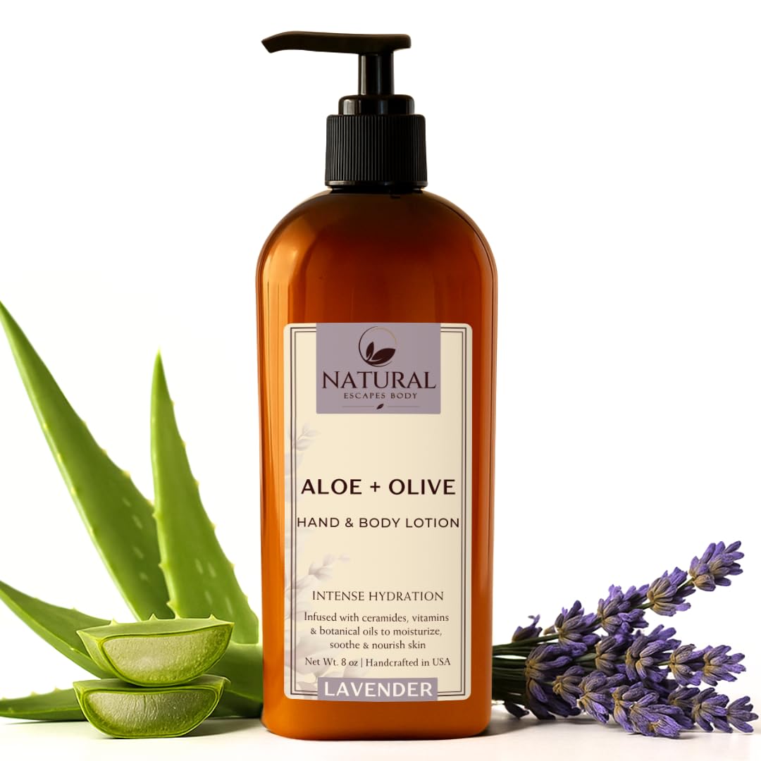 Natural EscapesLavender Body Lotion for Dry Sensitive Skin, Eczema Relief Moisturizer with Aloe Vera, Olive Oil, Ceramides, Vitamin B5 and E, Hand and Body Cream for Women and Men, 8oz