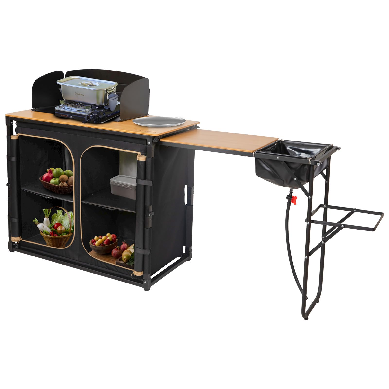 KingCamp Campingküche faltbar mit Spüle, Campingschrank Bambus,Outdoor Küche Klappbar mit Stauraum, Windschutz&Lampenhalter,Stabiler Aluminiumrahmen,Reiseküche,Camping Möbel für BBQ Picknicks