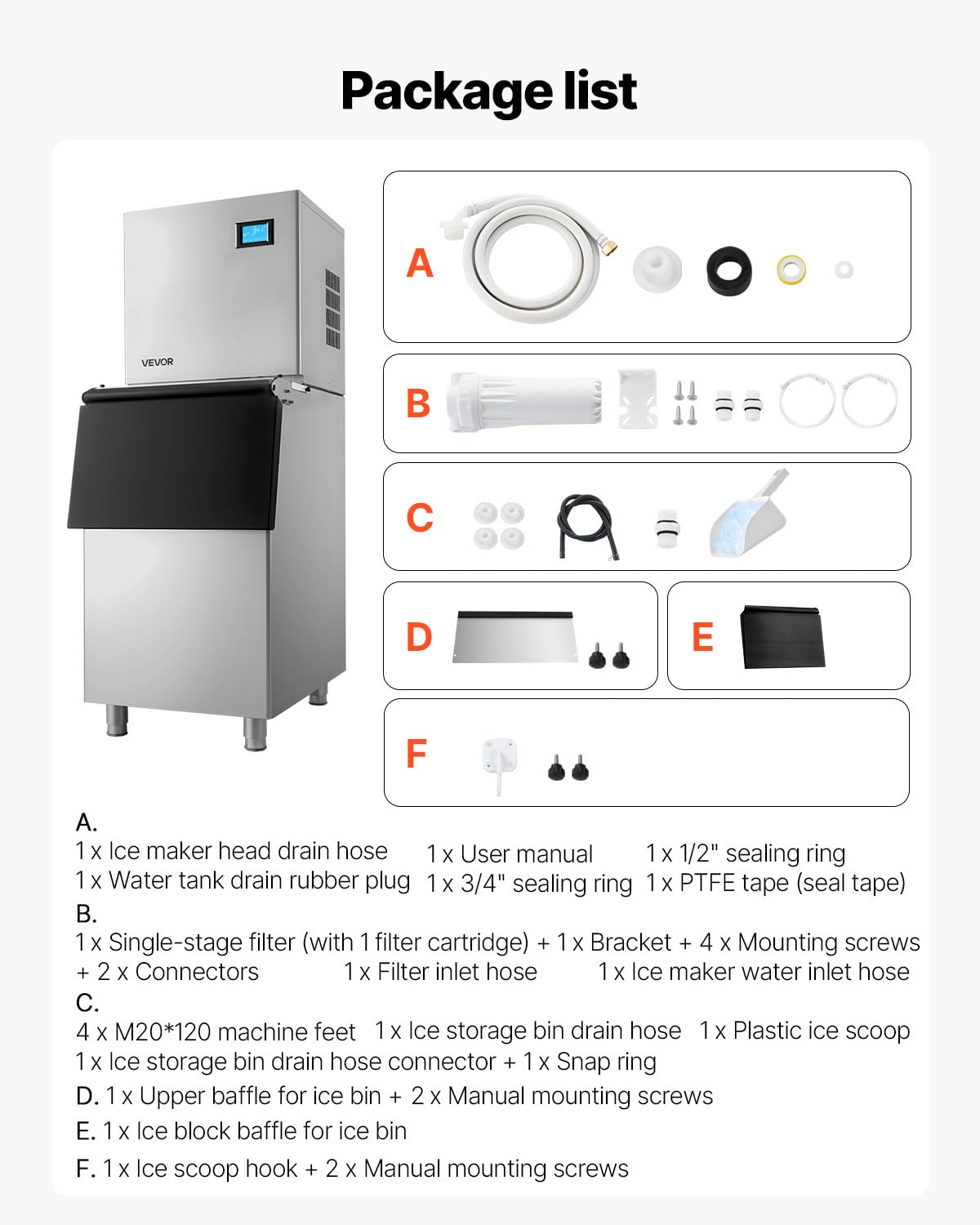 VEVOR Macchina per Ghiaccio Commerciale Capacità di Produzione 163kg/giorno Macchina con Contenitore per Cubetti di Ghiaccio Autopulente Schermo a Tocco Capienza 113kg, Bar Ristorante Hotel