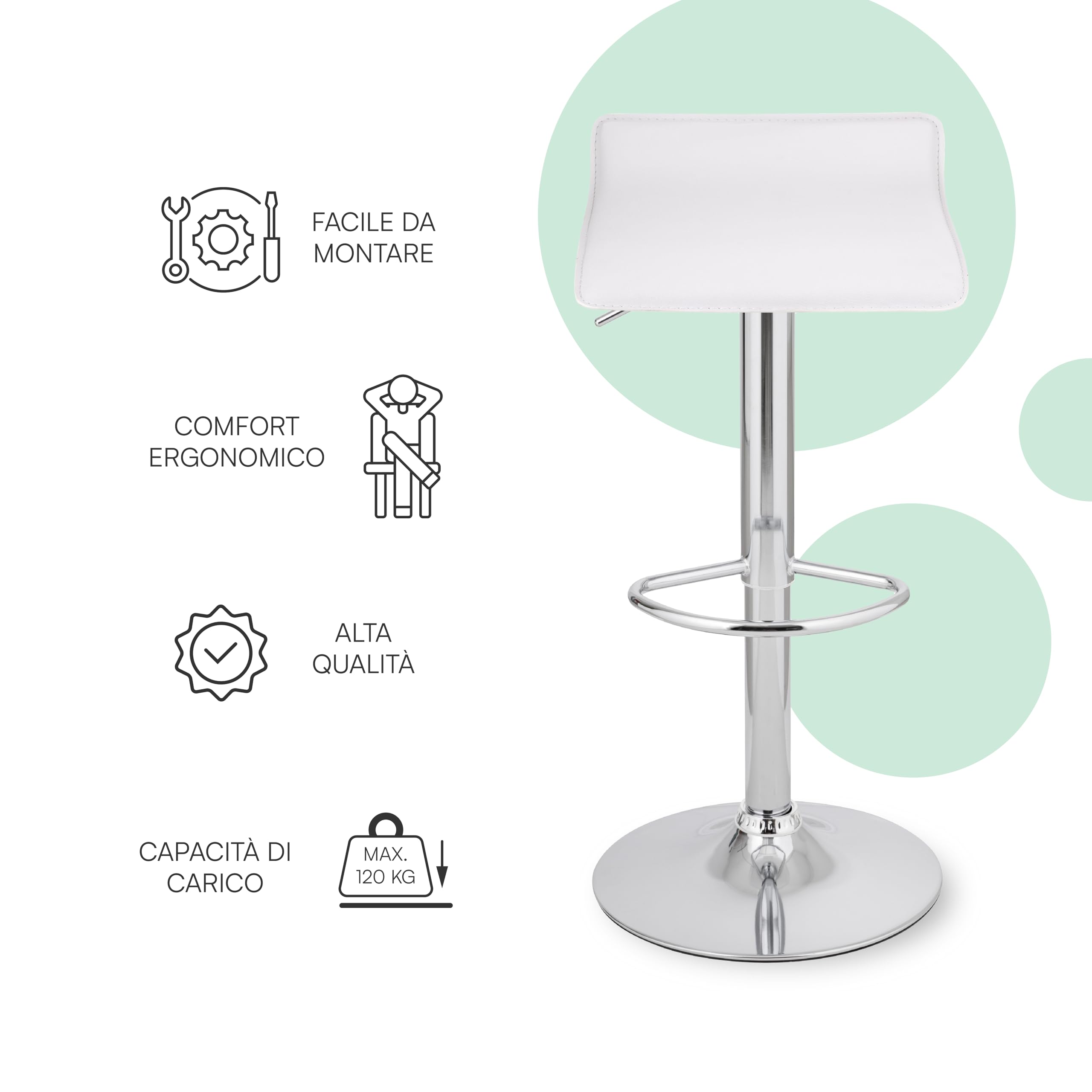 Baroni Home 2 Taburetes de Bar Giratorio con Altura Ajustable, Base Cromada con Reposapiés y Fondo Antiarañazos, Taburete de Cocina y Península, Fácil de Montar, 38x45x59-79 cm, Blanco 2 Piezas