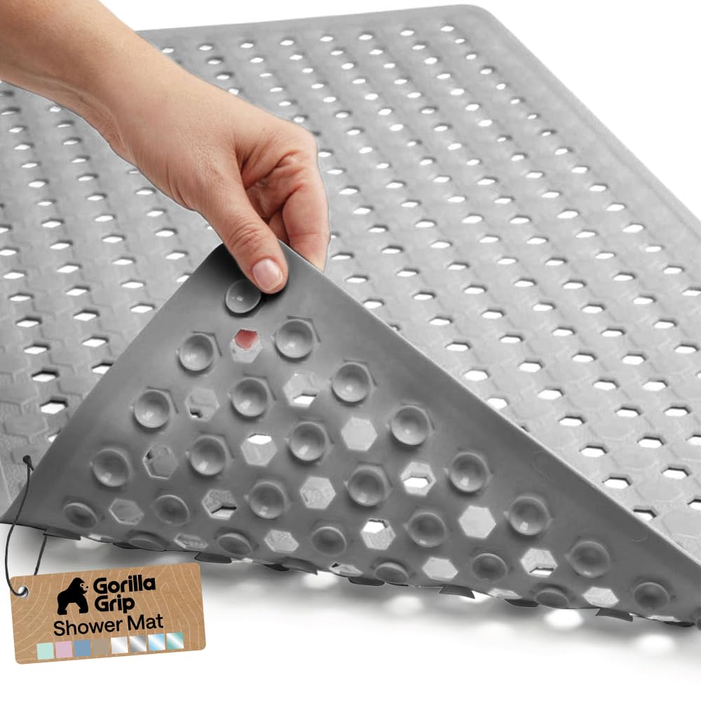 Patented Bath Tub Shower Mat, Machine Washable Bathtub Floor Liner Mats, Suction Cups and Drain Holes to Keep Tubs Clean, Soft on Feet, Bathroom Essentials, 35x16 Inch, Gray Opaque