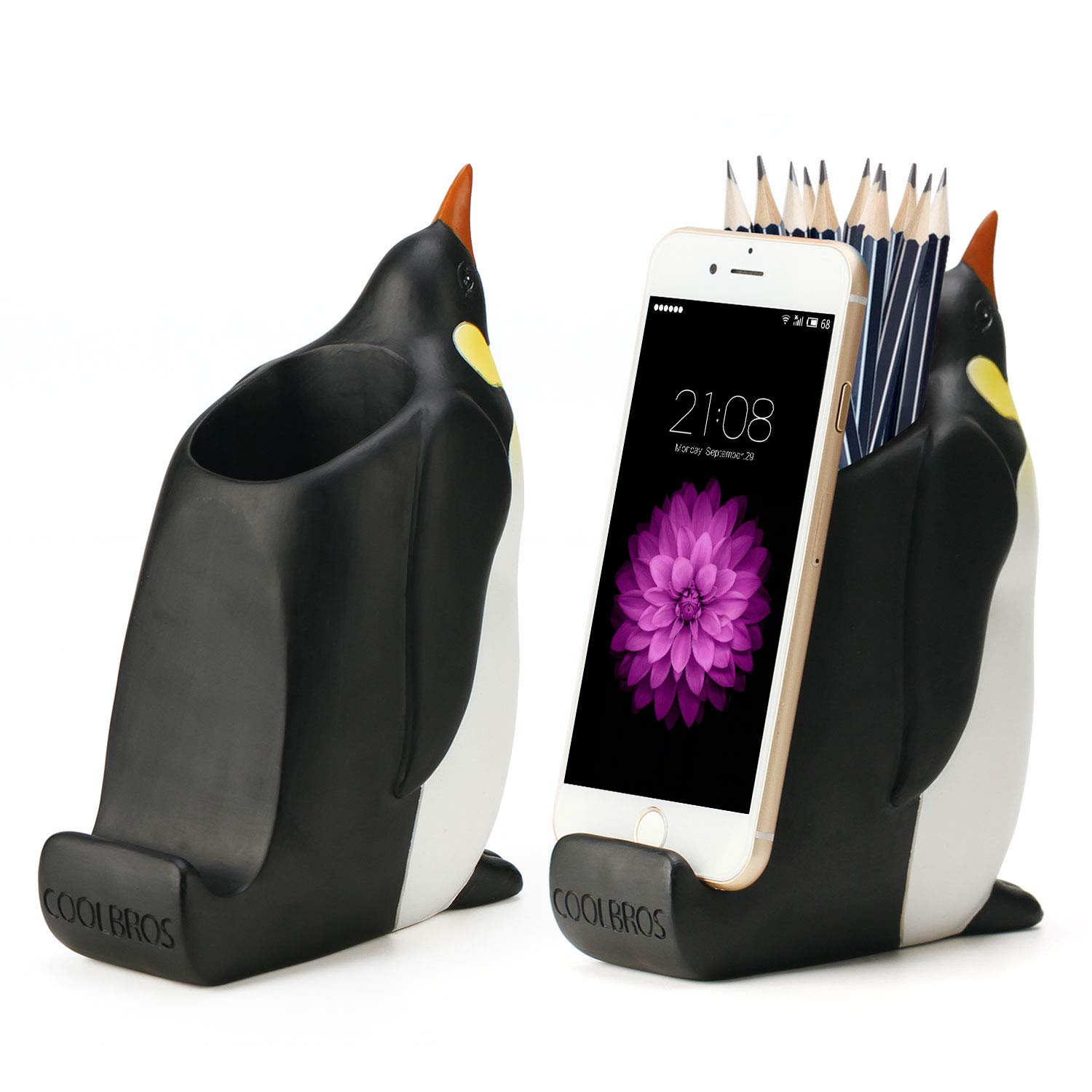 Coolbros Stiftehalter mit Handy-Ständer, Kunstharzförmiger Stiftebehälter, Schnitzerei, Bürste, Scherenhalter, Schreibtisch-Organizer (Pinguin)