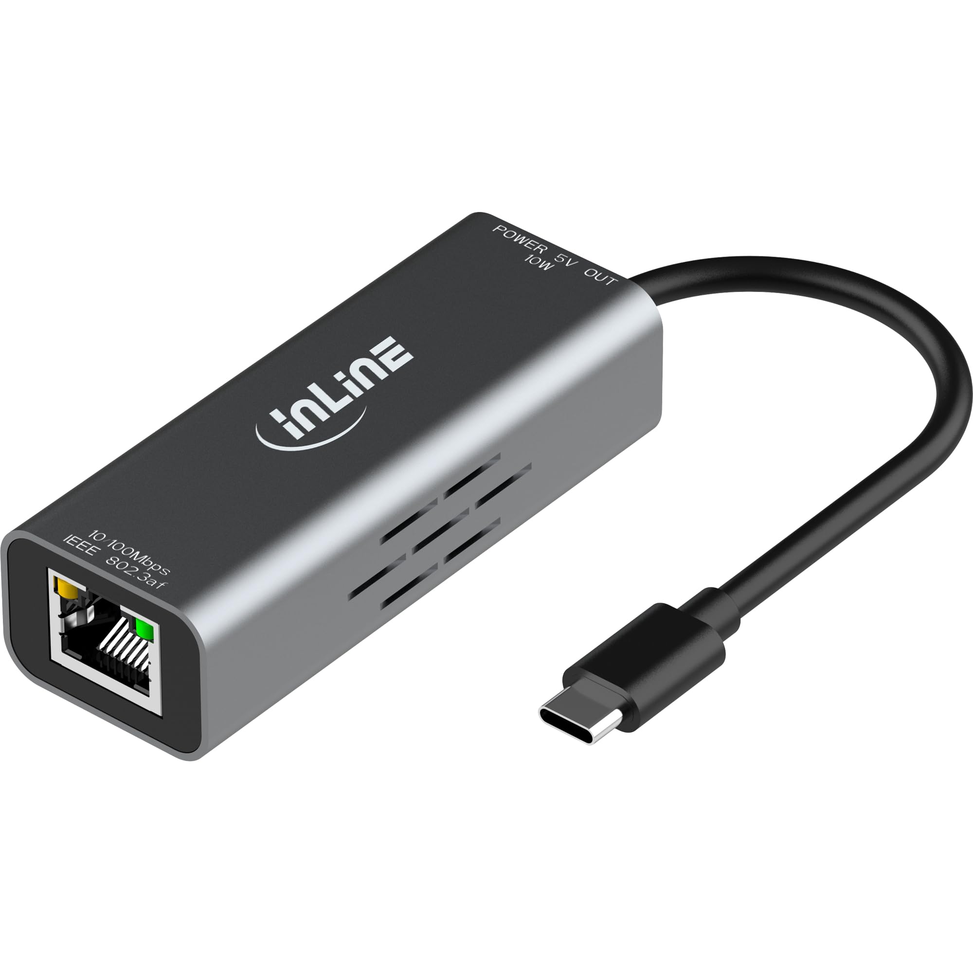 Inline Adattatore USB-C a RJ45 con supporto PoE, 100 Mb/s, protezione da sovratensione, alloggiamento in alluminio, Plug & Play, Power Delivery fino a 10 W, 33380J