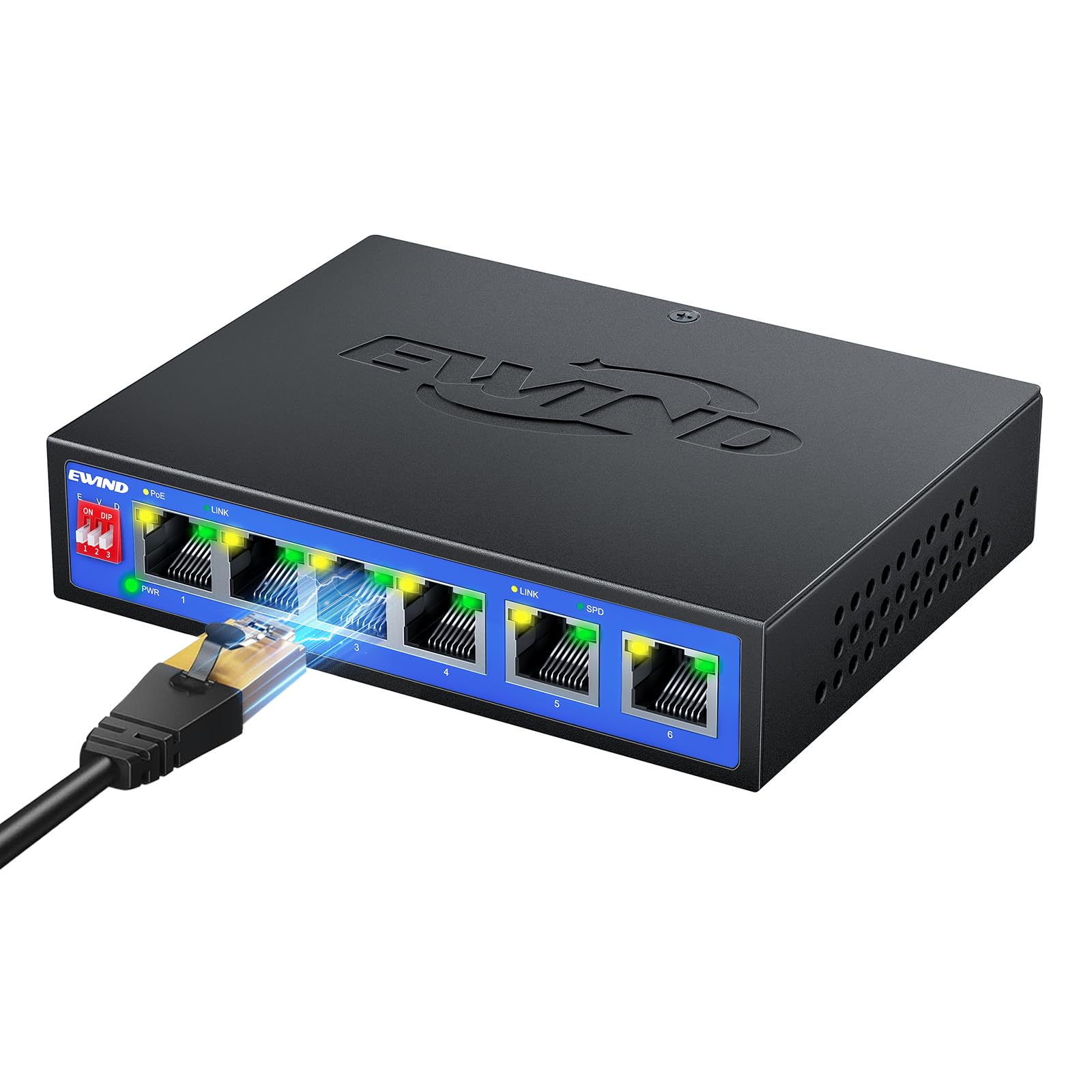 EWIND Switch PoE Gigabit a 6 porte aggiornato 2025, 4 porte PoE+ a 65 W + 2 Gigabit Uplink, protezione a vita, switch Ethernet non gestito Plug & Play, modalità estendi/ripristino automatico/VLAN