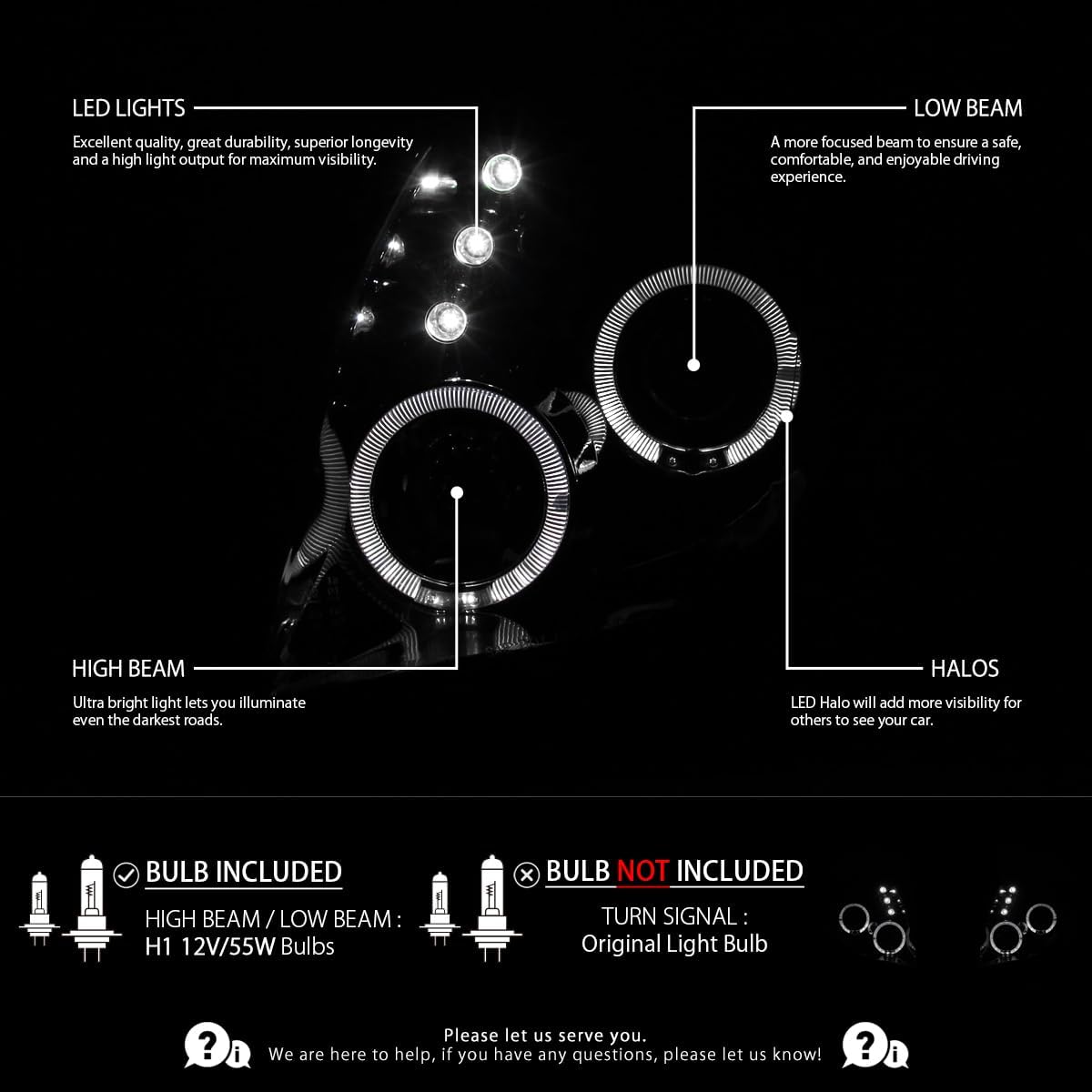 Autozensation Compatible with 2006-2008 Toyota Yaris Hatchback, Left + Right Pair Headlamps Assembly, LED Halo Glossy Piano Black Projector Headlights Lamps