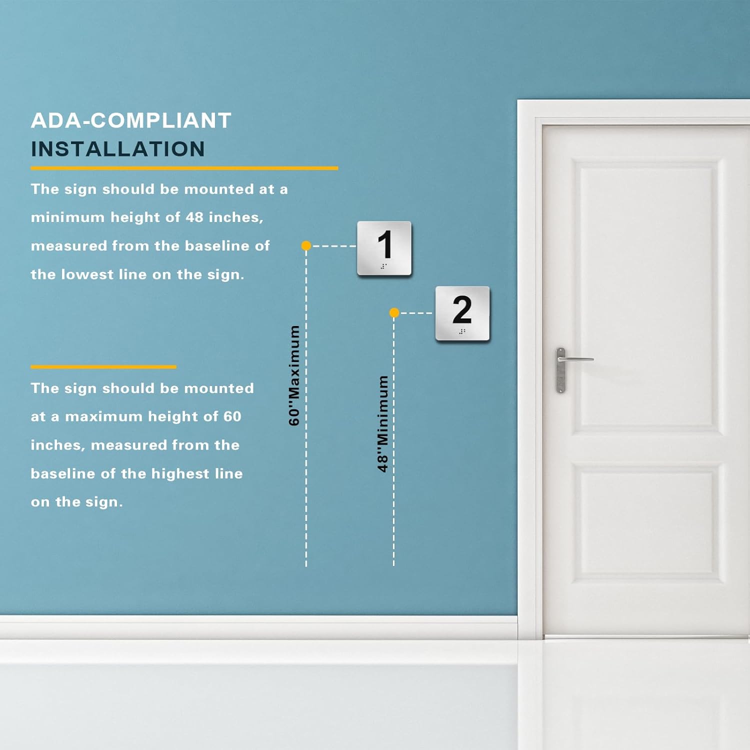 Exam Room Signs with Braille and Raised Numbers 1 Double Sided Tape Silver 4" x 4" for Apartment Offices Educational Institution Elevator Sign Door Number Signs