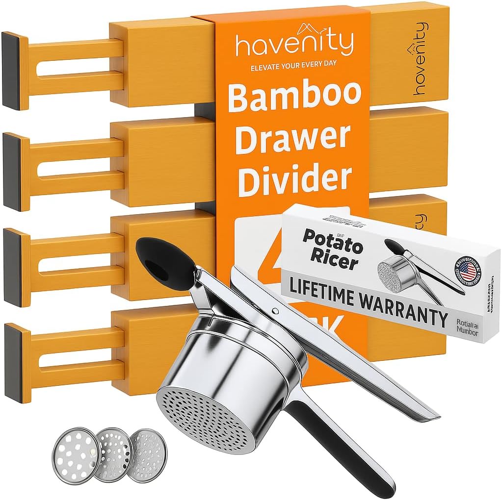 4 Pcs Bamboo Kitchen Drawer Dividers Large 17"-22" & Potato Ricer, Heavy Duty Stainless Steel Ricer for Mashed Potatoes. 15oz Capacity