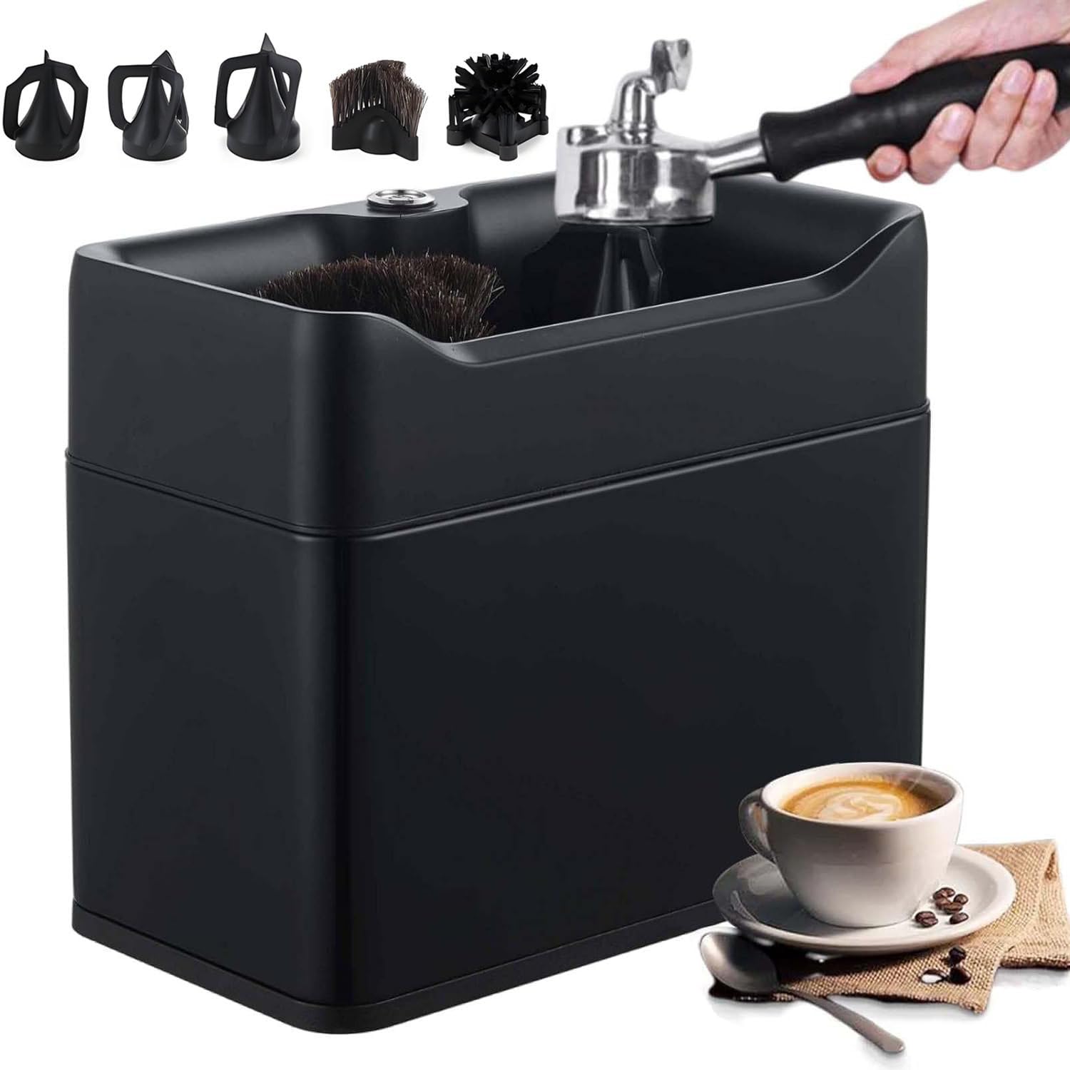 Portafilter Cleaner Electric,3L with 3 Scrapers 2 Brush Heads,300 RPM for 58mm and 51mm Portafilters,Automatic Coffee Grounds Cleaning Machine,Electric Portafilter Cleaner Black