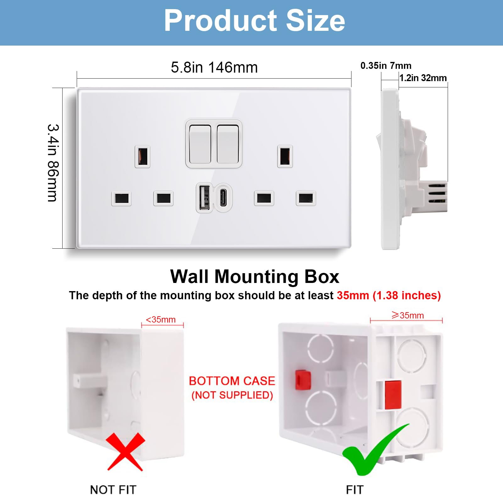 CNBINGO Lot de 5 prises doubles USB de type C en verre, charge rapide 20 W maximum, prise à double interrupteur avec 20 W PD USB C et A, prise électrique à 2 branches, prise murale blanche avec
