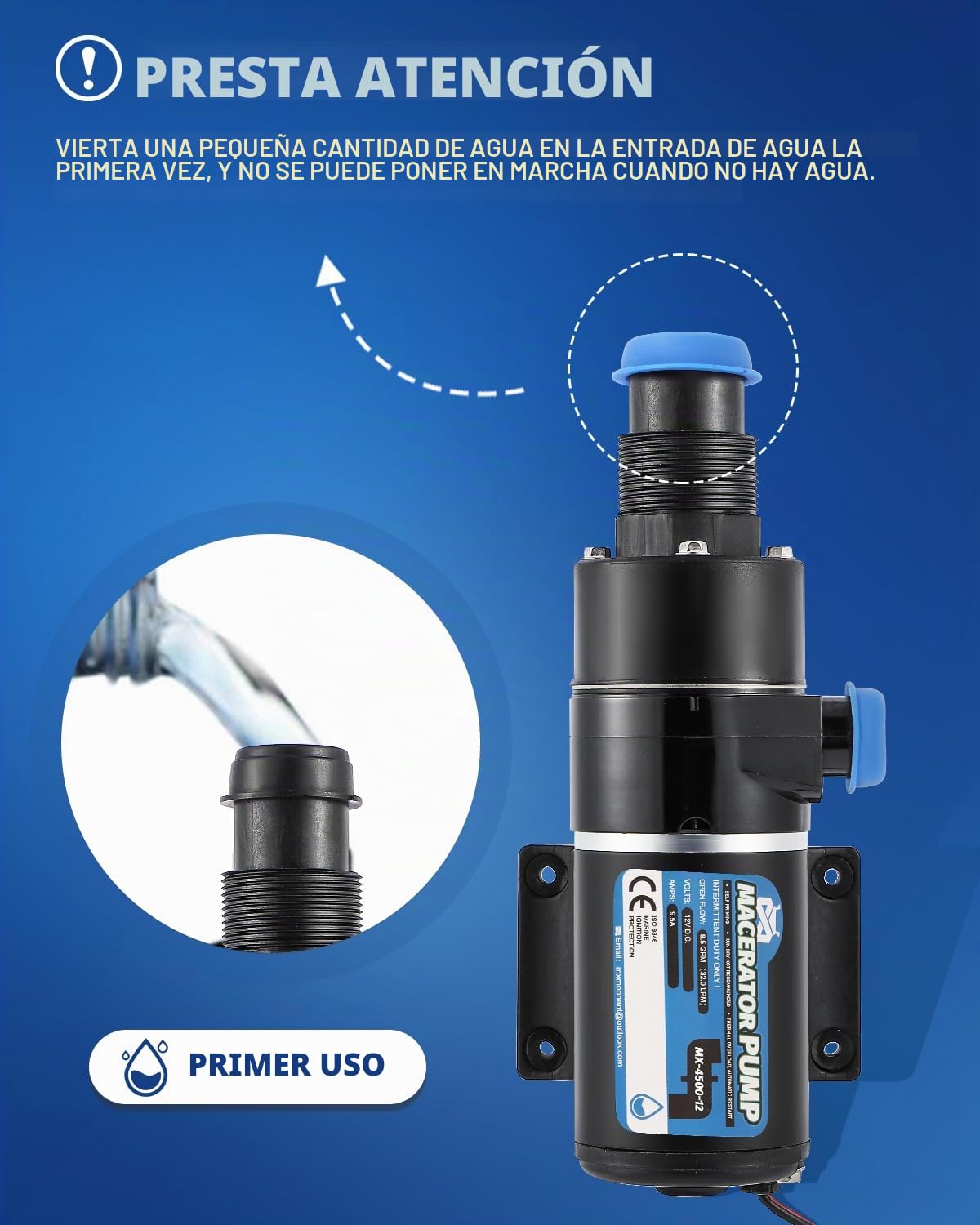Mxmoonant 12V DC Bomba Trituradora, Bomba de Aguas Residuales, 32 Lpm/min, 114W, con pala de Cuatro Cabezas, Protección Contra Sobrecarga, para RV, Barco, Inodoro, Cocina, Acuicultura
